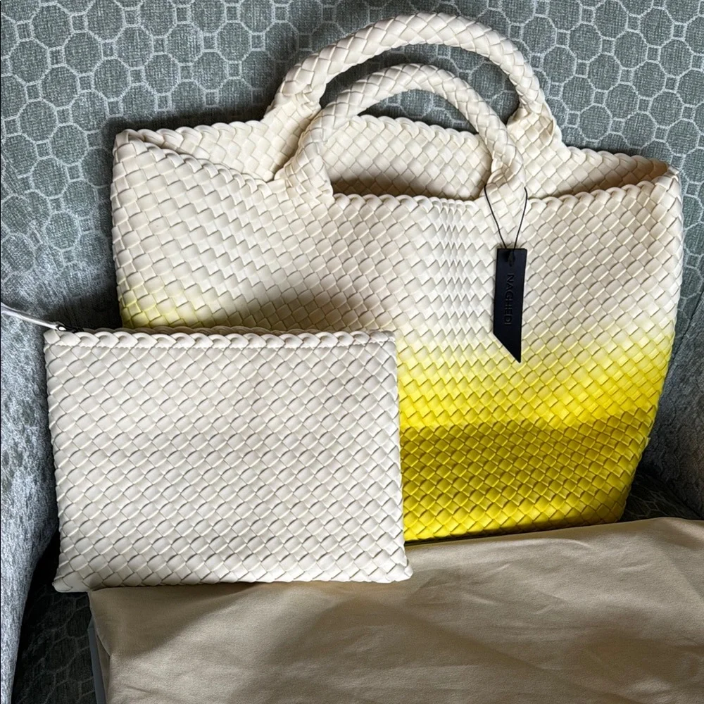 Naghedi St. Barth Medium Cream and Yellow Woven Tote with Pouch & Dust Bag NWT - Picture 1 of 6